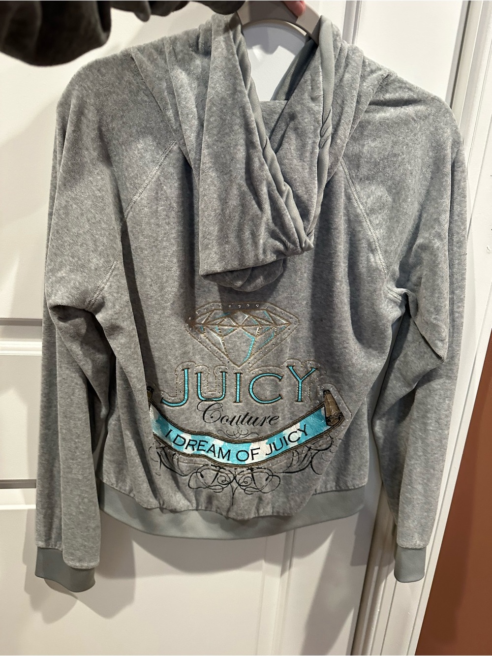 Vintage Juicy Couture Gray Hoodie with Teal and Metallic Logo